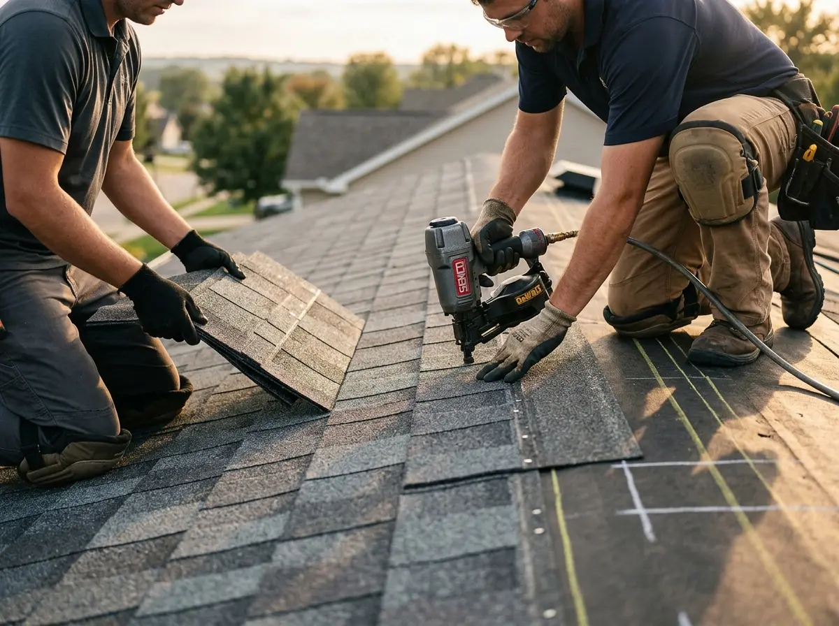 Professional roofer working on a residential roof in Carpinteria